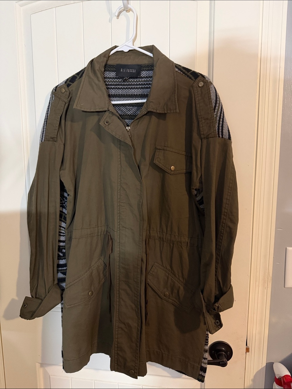 Blu Pepper Olive Utility Jacket with Black & White Knit Sleeve Panels